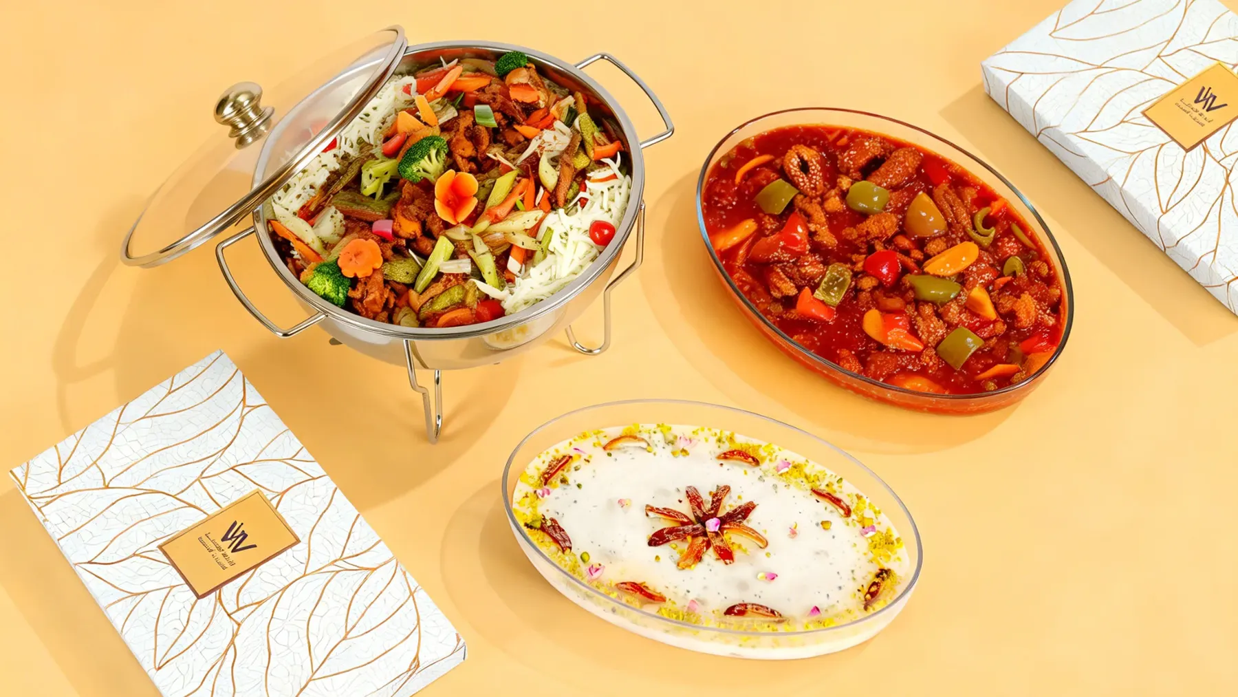 A heater of hot dishes, a Pyrex tray and Alwatanya gift boxes on a table